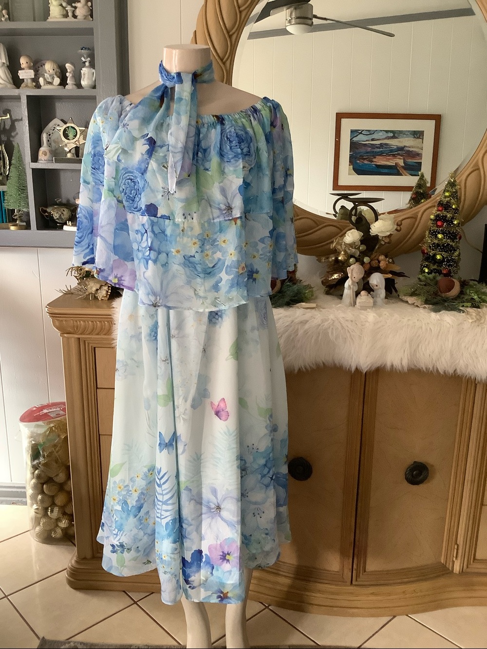 Blue Floral Off-Shoulder Midi Dress Unbranded Size 2XL